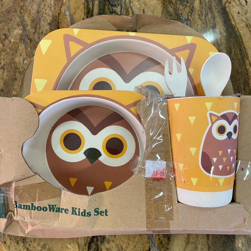 Bamboo ware kids set plate bowl fork spoon brand new owl